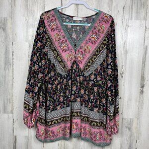 Weekend Suzanne Betro floral tunic top cottagecore boho peasant flowy plus sized